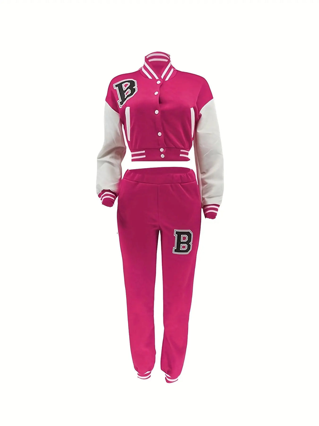 Chic, Women's Casual Letter Print Baseball Jacket and Pants Set - Red and White, Polyester Blend, Machine Washable, Fall/Winter Fashion Ensemble NNOS