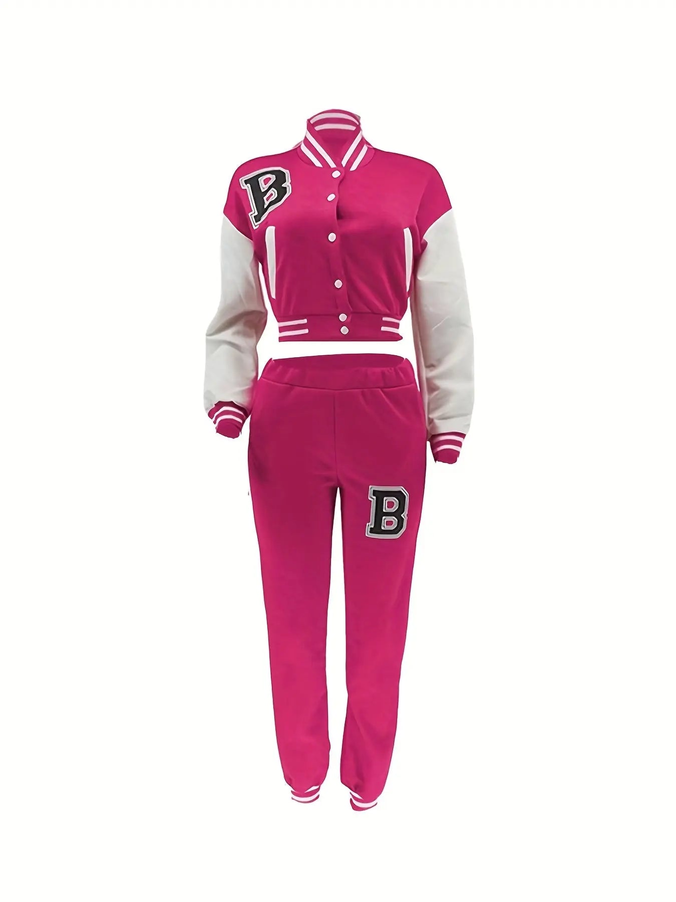Chic, Women's Casual Letter Print Baseball Jacket and Pants Set - Red and White, Polyester Blend, Machine Washable, Fall/Winter Fashion Ensemble NNOS