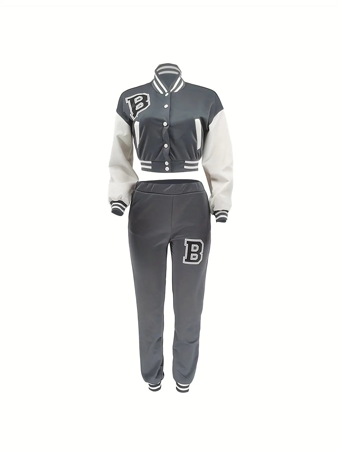 Chic, Women's Casual Letter Print Baseball Jacket and Pants Set - Red and White, Polyester Blend, Machine Washable, Fall/Winter Fashion Ensemble NNOS