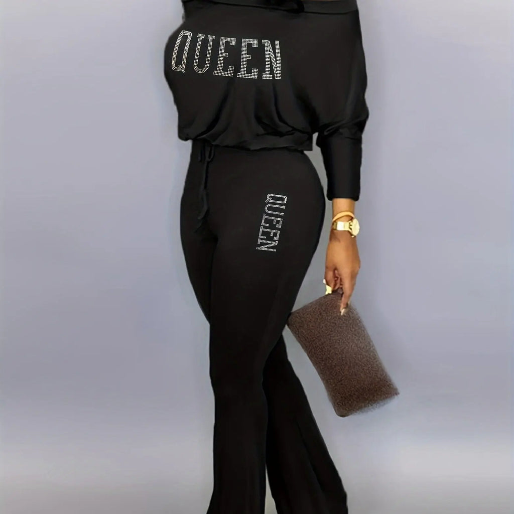 Women’s Off-Shoulder QUEEN Jumpsuit – Rhinestone Graphic Long Sleeve Outfit NNOS
