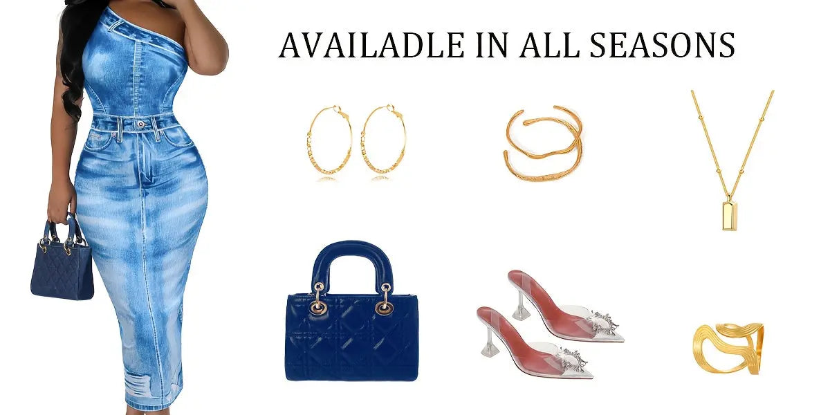 Women’s Off-Shoulder Denim Print Bodycon Dress – Slim Fit Casual to Evening NNOS