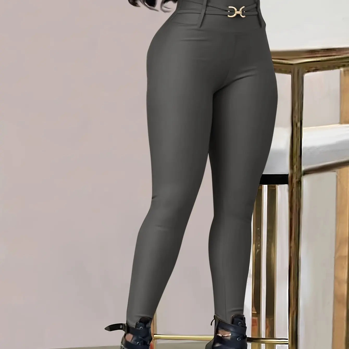 Women’s High-Waist Black Skinny Leggings – Stretchy Fit with Button Detail NNOS