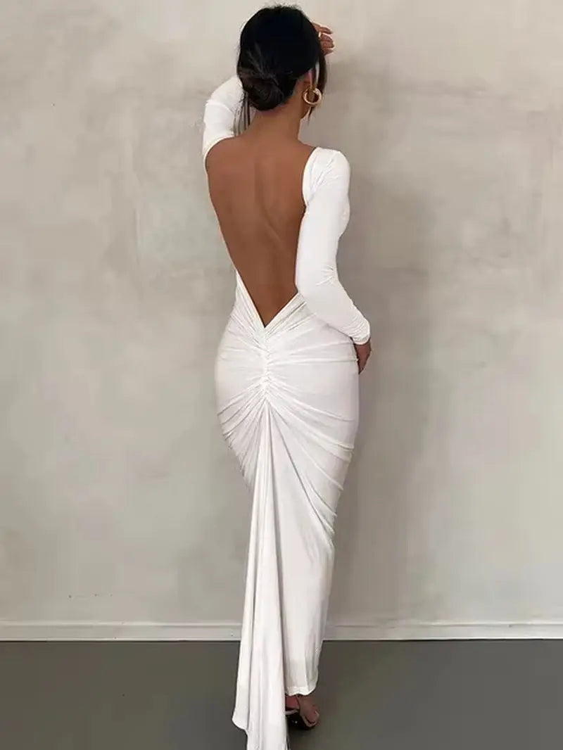 Sophisticated Open Back White Midi Dress with Long Sleeves - Perfect for Parties & Club Events, Dropshipping & Wholesale Available! product image