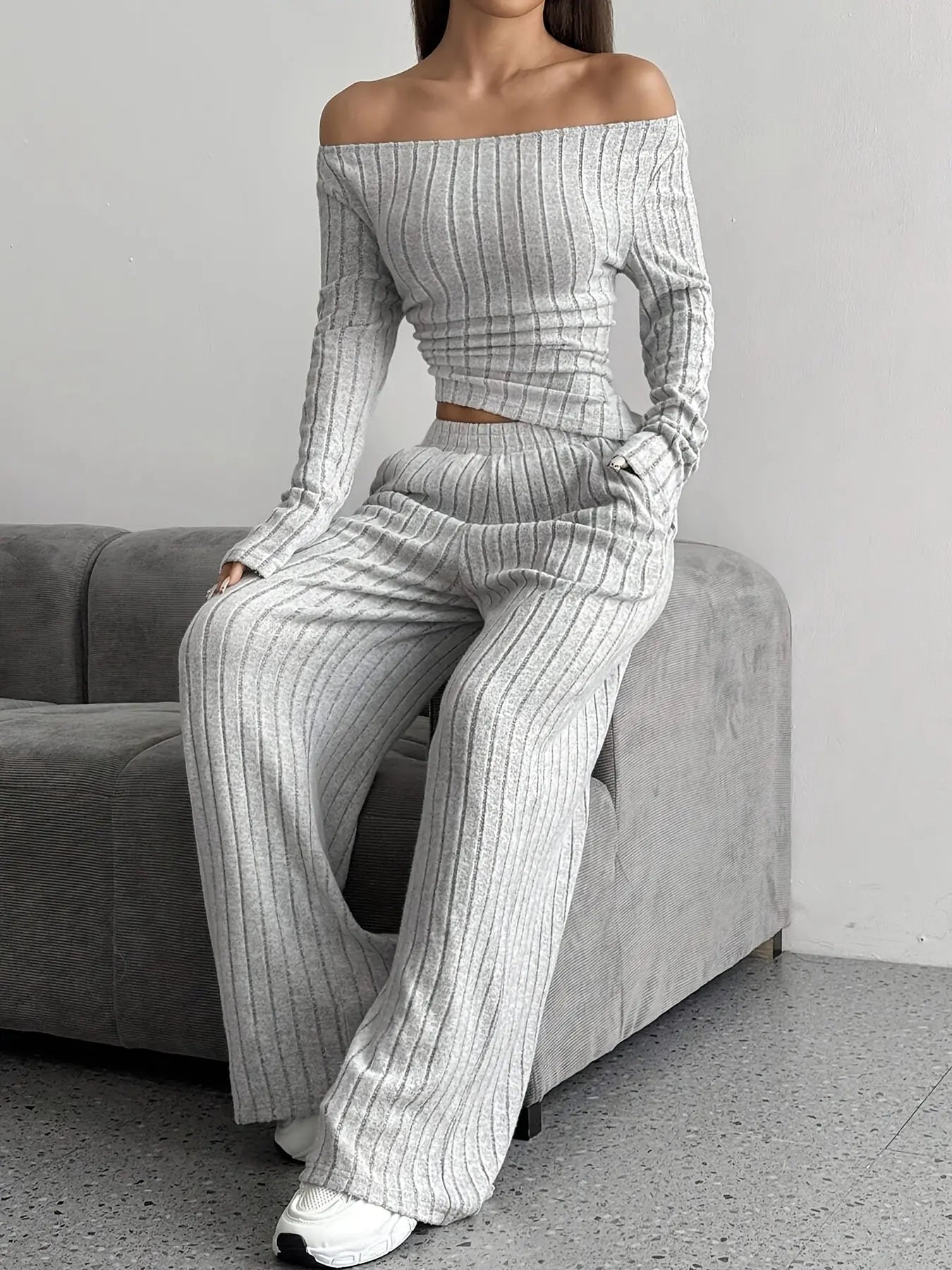 Elegant Knit Suit, Deep Gray, Scoop Neck, One Shoulder, Asymmetrical Shoulde NNOS
