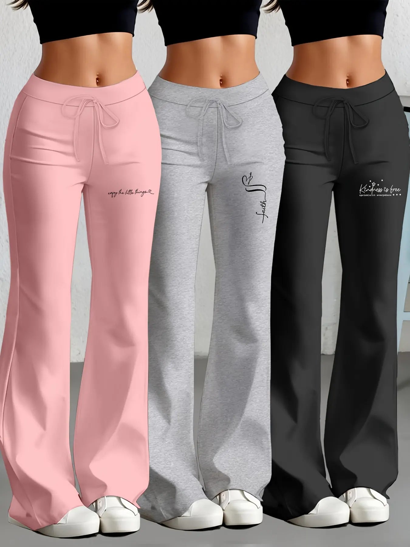 European and American Women's Straight-Leg Flare Pants Classic Personality English Text Print Long Pants 3pcs Set NNOS