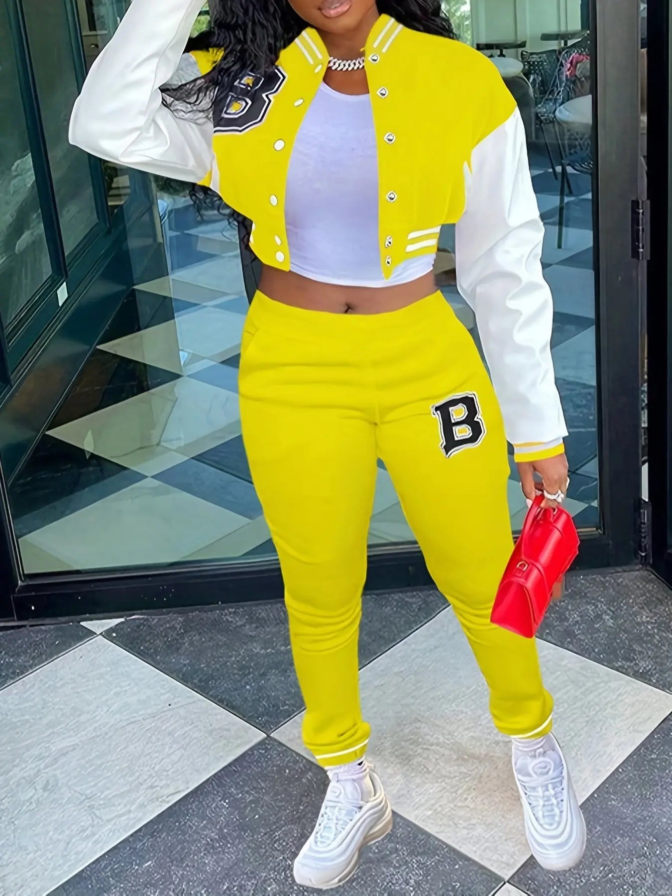 Chic, Women's Casual Letter Print Baseball Jacket and Pants Set - Red and White, Polyester Blend, Machine Washable, Fall/Winter Fashion Ensemble NNOS