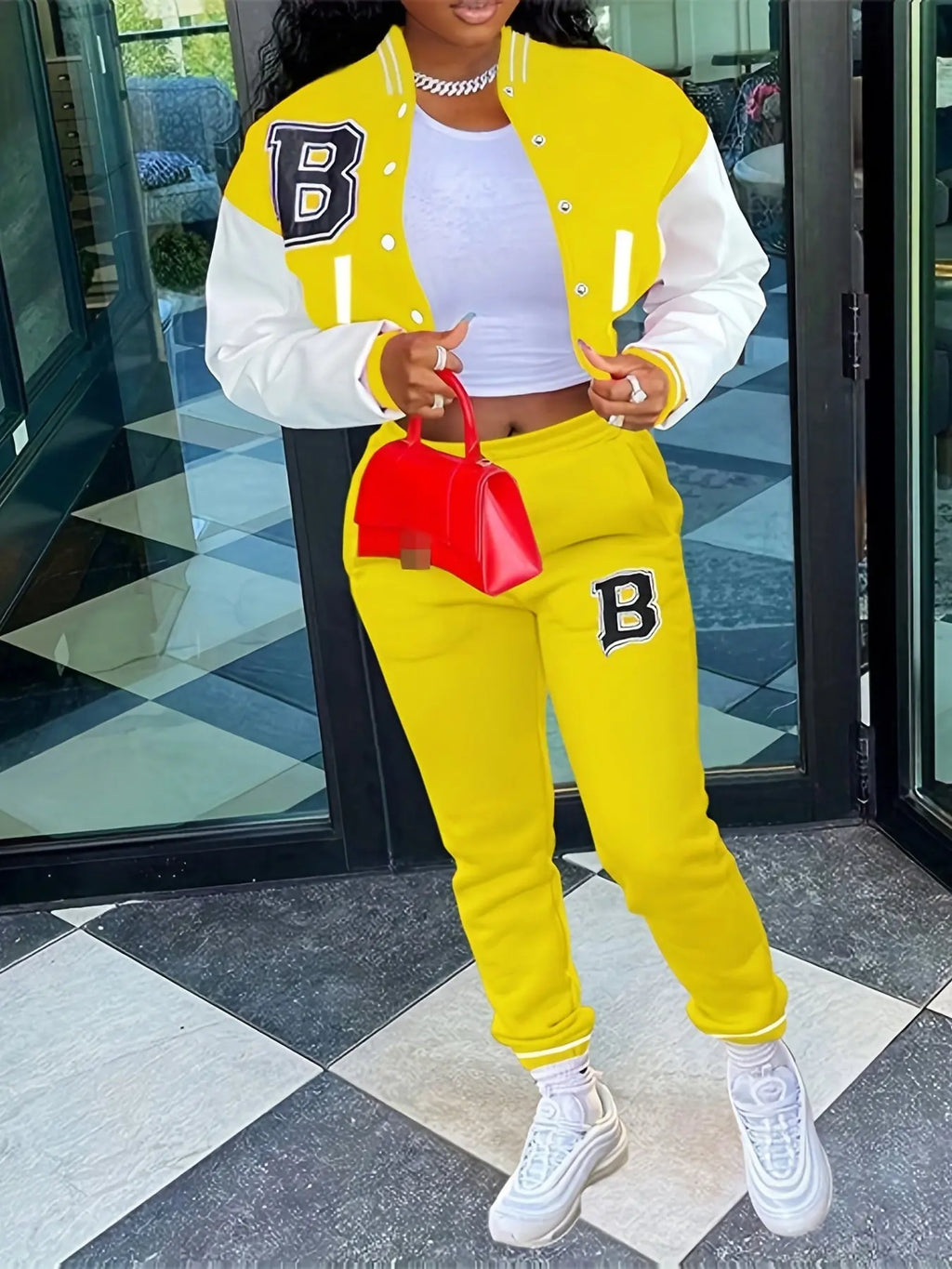 Chic, Women's Casual Letter Print Baseball Jacket and Pants Set - Red and White, Polyester Blend, Machine Washable, Fall/Winter Fashion Ensemble NNOS