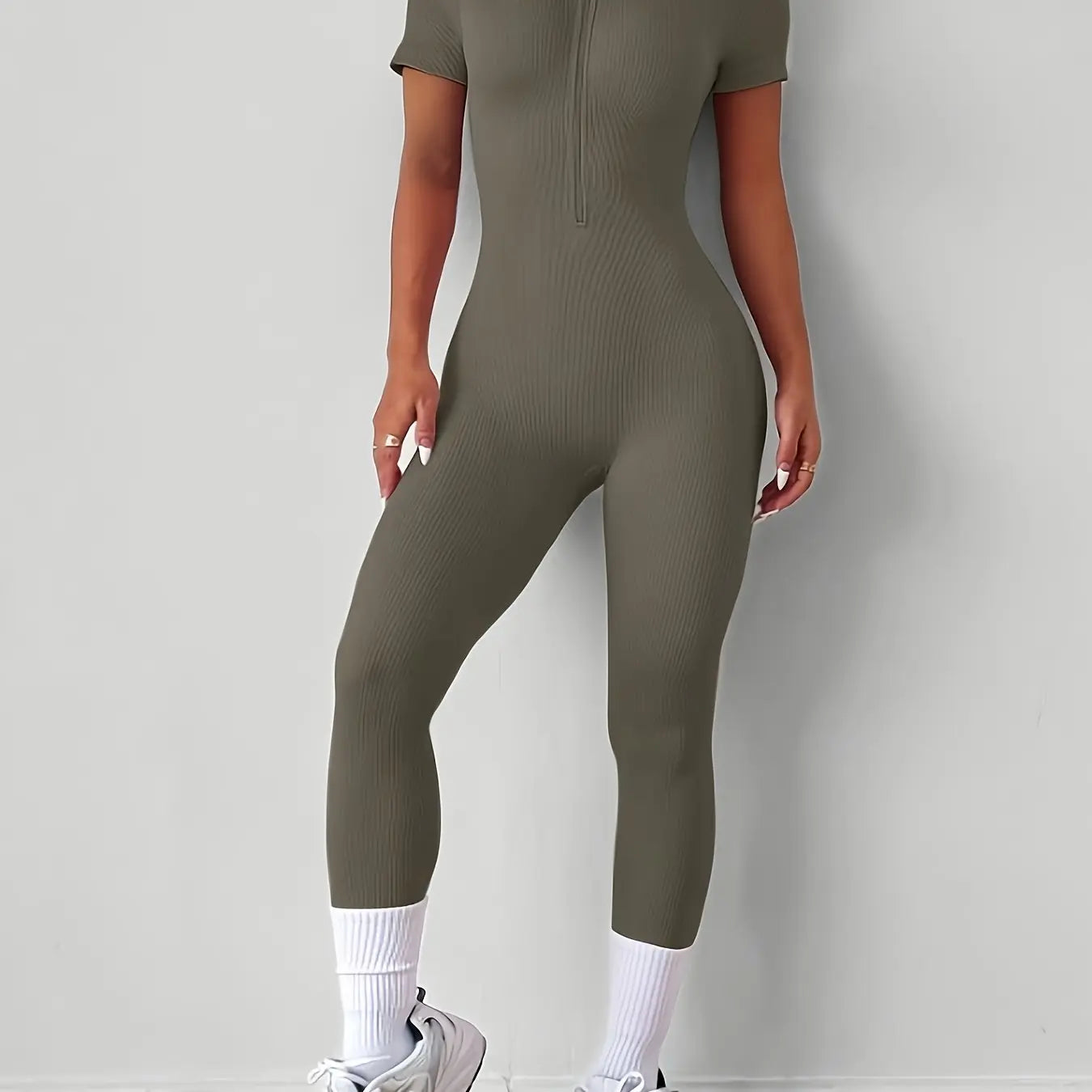 Women’s High-Waist Yoga Onesie – Stretchy Zipper Athletic Jumpsuit Activewear NNOS