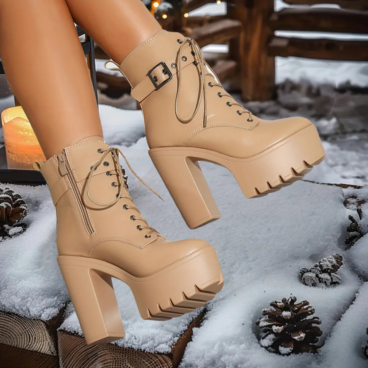 Women’s Chunky Platform Boots – Brown Lace-Up Zip Heeled Boots with Non-Slip Sole NNOS