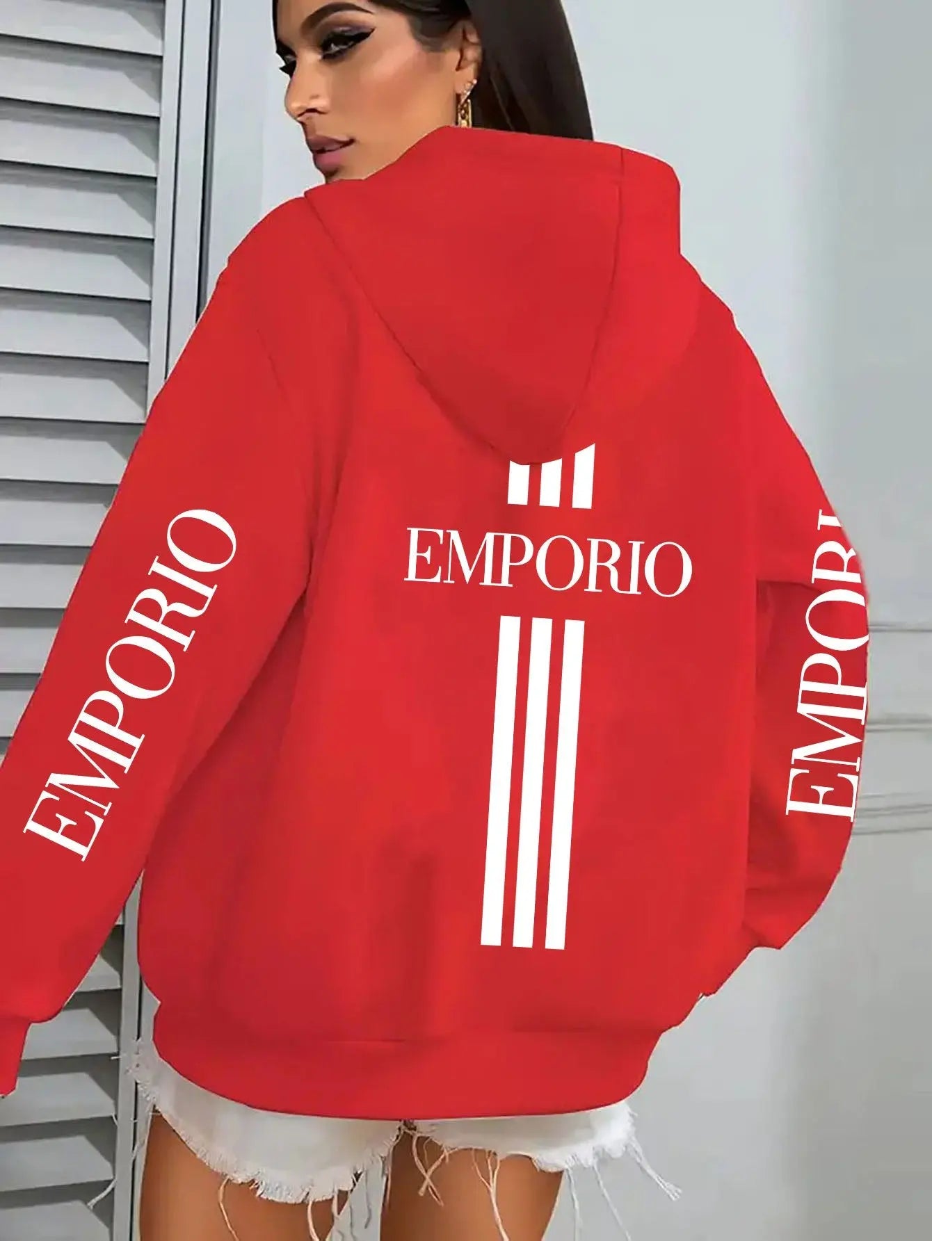 Women’s Pink "EMPORIO" Hoodie – Vibrant Zip-Up Sweatshirt with Three-Stripes NNOS