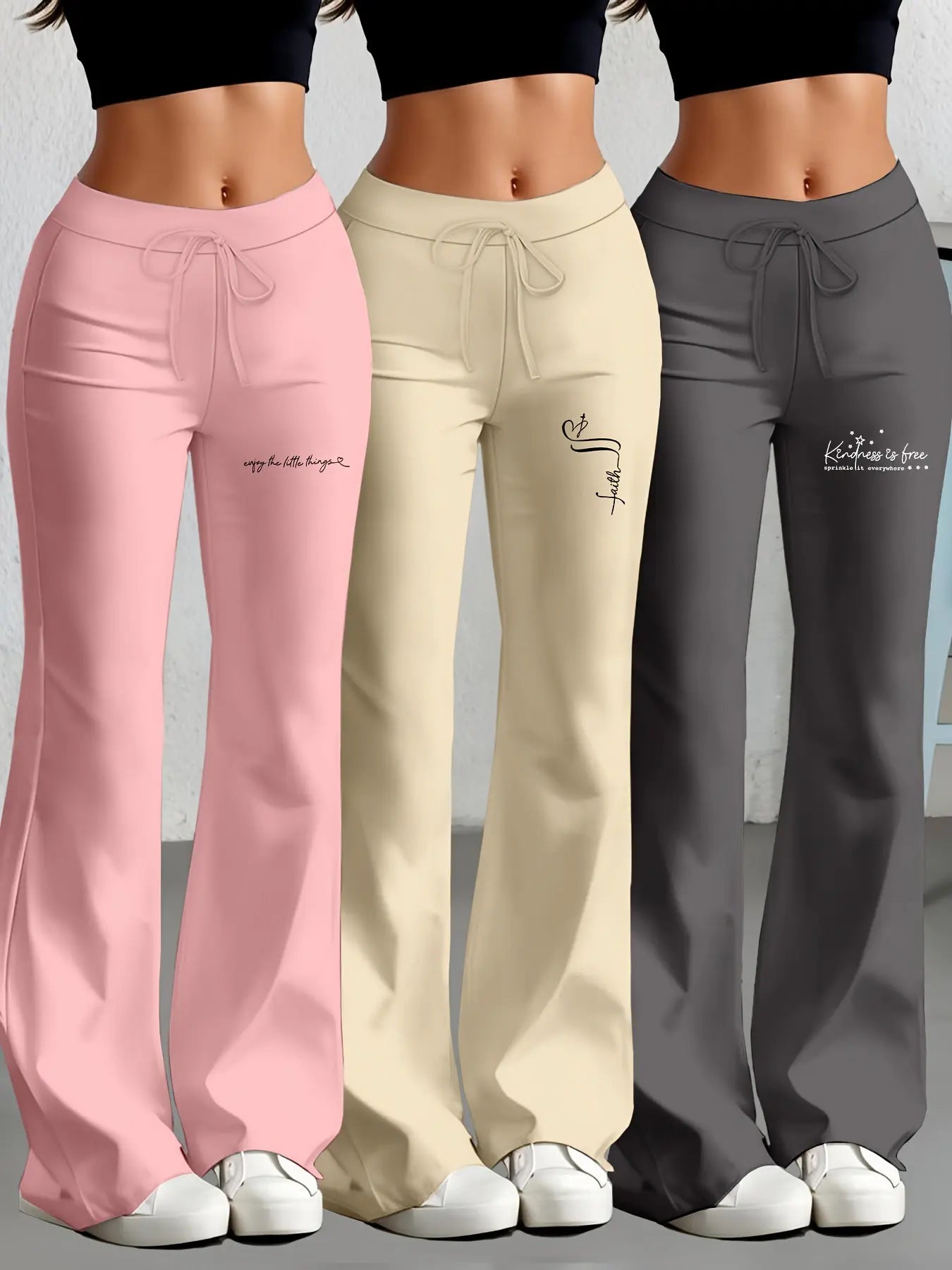 European and American Women's Straight-Leg Flare Pants Classic Personality English Text Print Long Pants 3pcs Set NNOS
