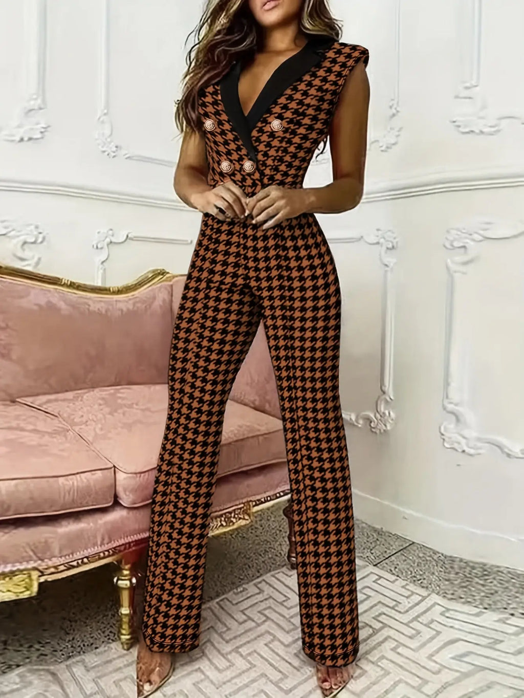 Women'S Professional Houndstooth Jumpsuit - Sleeveless V-Neck with Button Front, Wide-Leg Pants, Brown/Black/White/Gray/Beige, Office to Party Outfit for Spring/Summer, Elegant Formal & Casual Attire, Summer Fashion, Sophisti NNOS