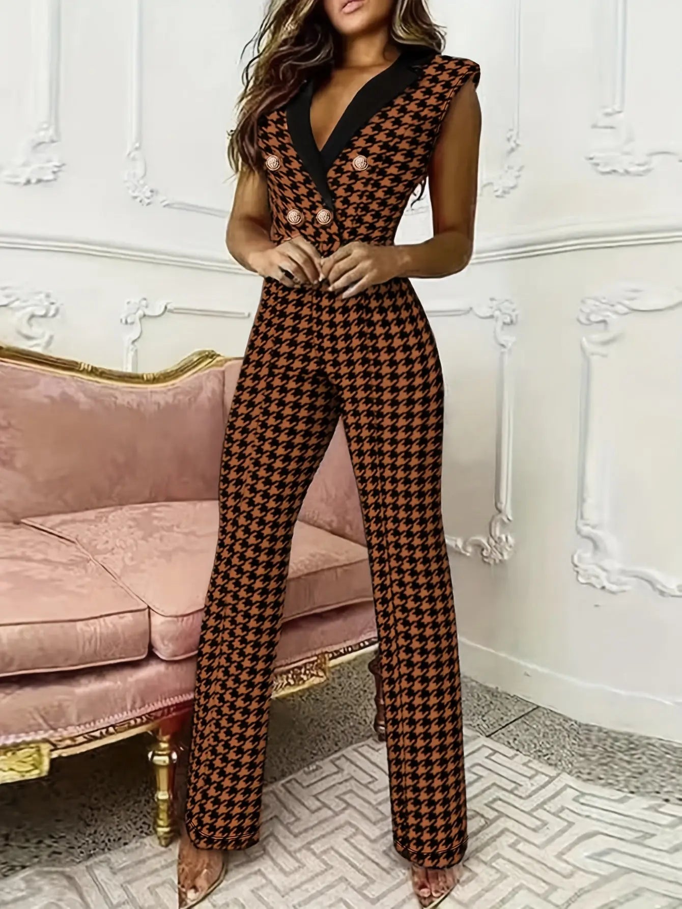 Women'S Professional Houndstooth Jumpsuit - Sleeveless V-Neck with Button Front, Wide-Leg Pants, Brown/Black/White/Gray/Beige, Office to Party Outfit for Spring/Summer, Elegant Formal & Casual Attire, Summer Fashion, Sophisti NNOS