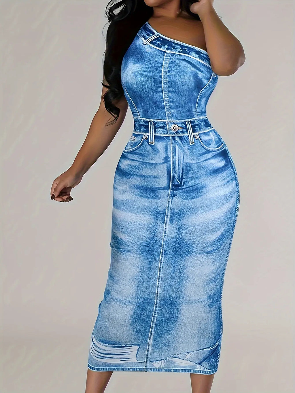 Women’s Off-Shoulder Denim Print Bodycon Dress – Slim Fit Casual to Evening NNOS