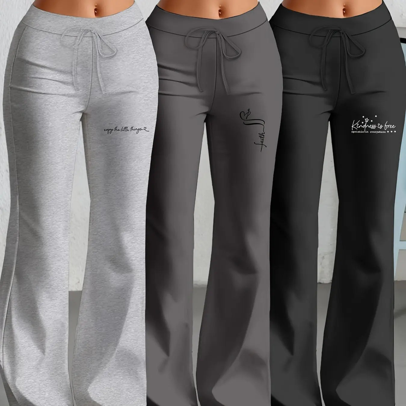European and American Women's Straight-Leg Flare Pants Classic Personality English Text Print Long Pants 3pcs Set NNOS