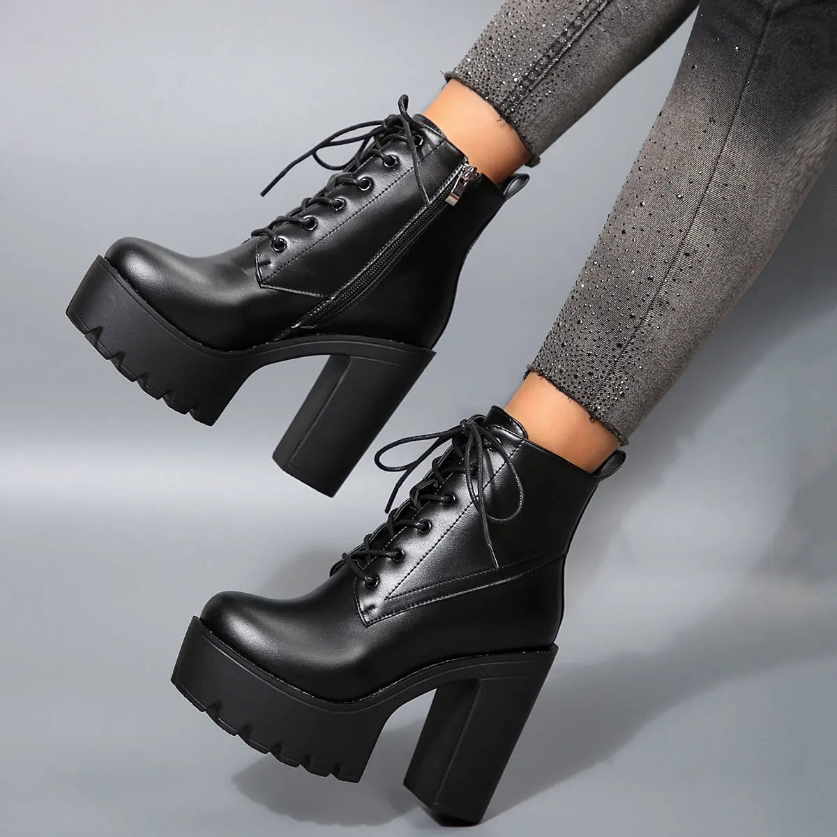 8 Sizes Available Women's High Heel Ankle Boots with Thick Sole and Back Zipper, Fashionable Outdoor Booties for Ladies NNOS