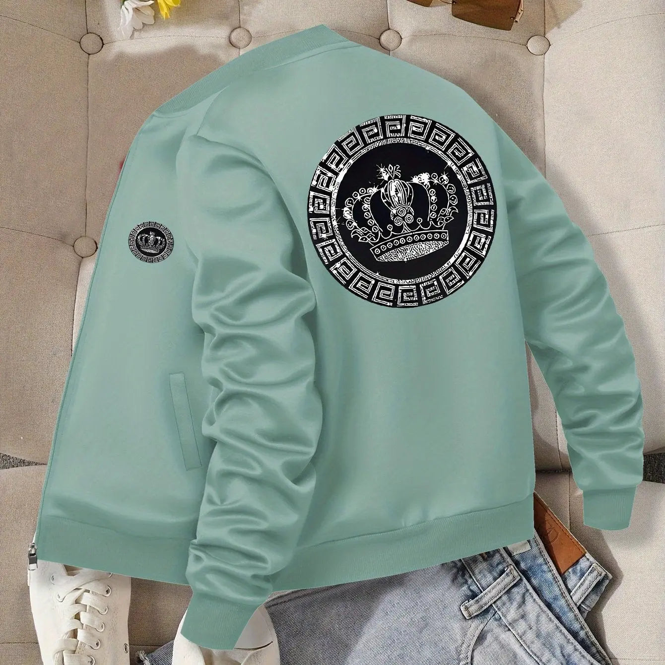 Women’s Crown Print Baseball Jacket – Lightweight Zip-Up Casual Streetwear NNOS