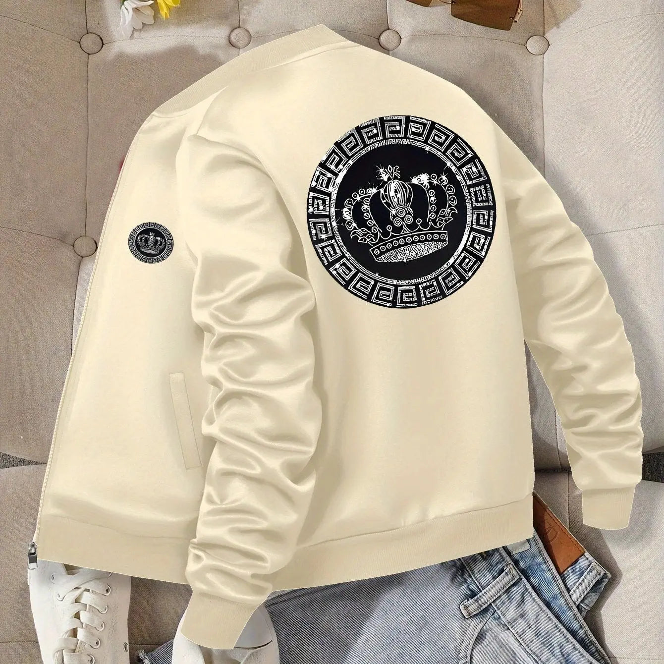 Women’s Crown Print Baseball Jacket – Lightweight Zip-Up Casual Streetwear NNOS