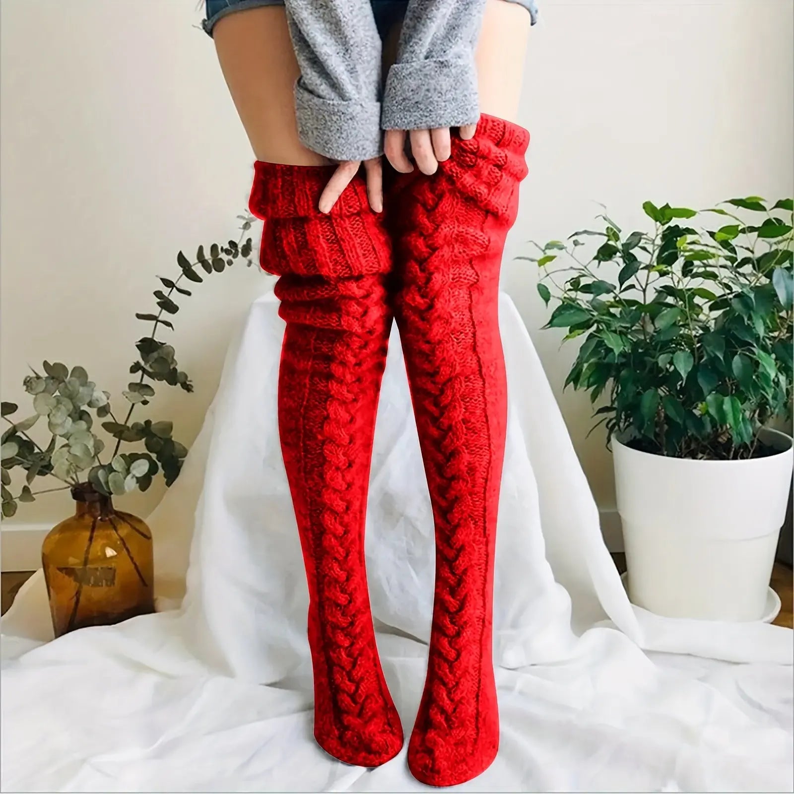 Cozy Knitted Thigh High Socks, Warm & Simple Over The Knee Socks, Women's Stockings & Hosiery NNOS