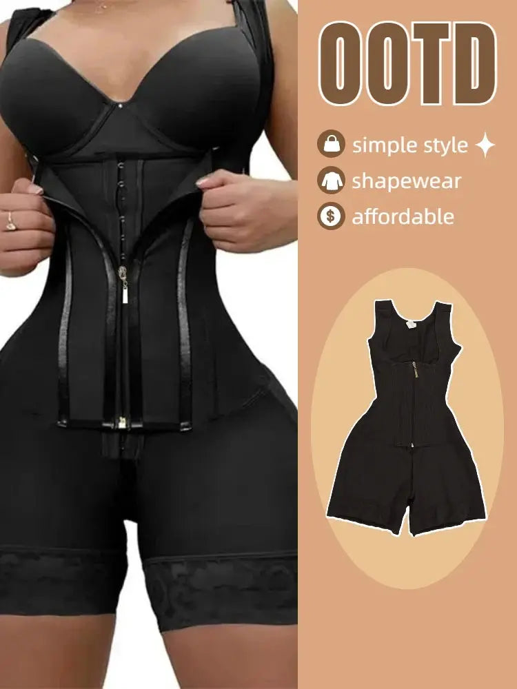 Women's Lace-Trimmed Shapewear Bodysuit - Tummy Control Corset with Adjustable Straps & Zipper, Black, Comfortable NNOS