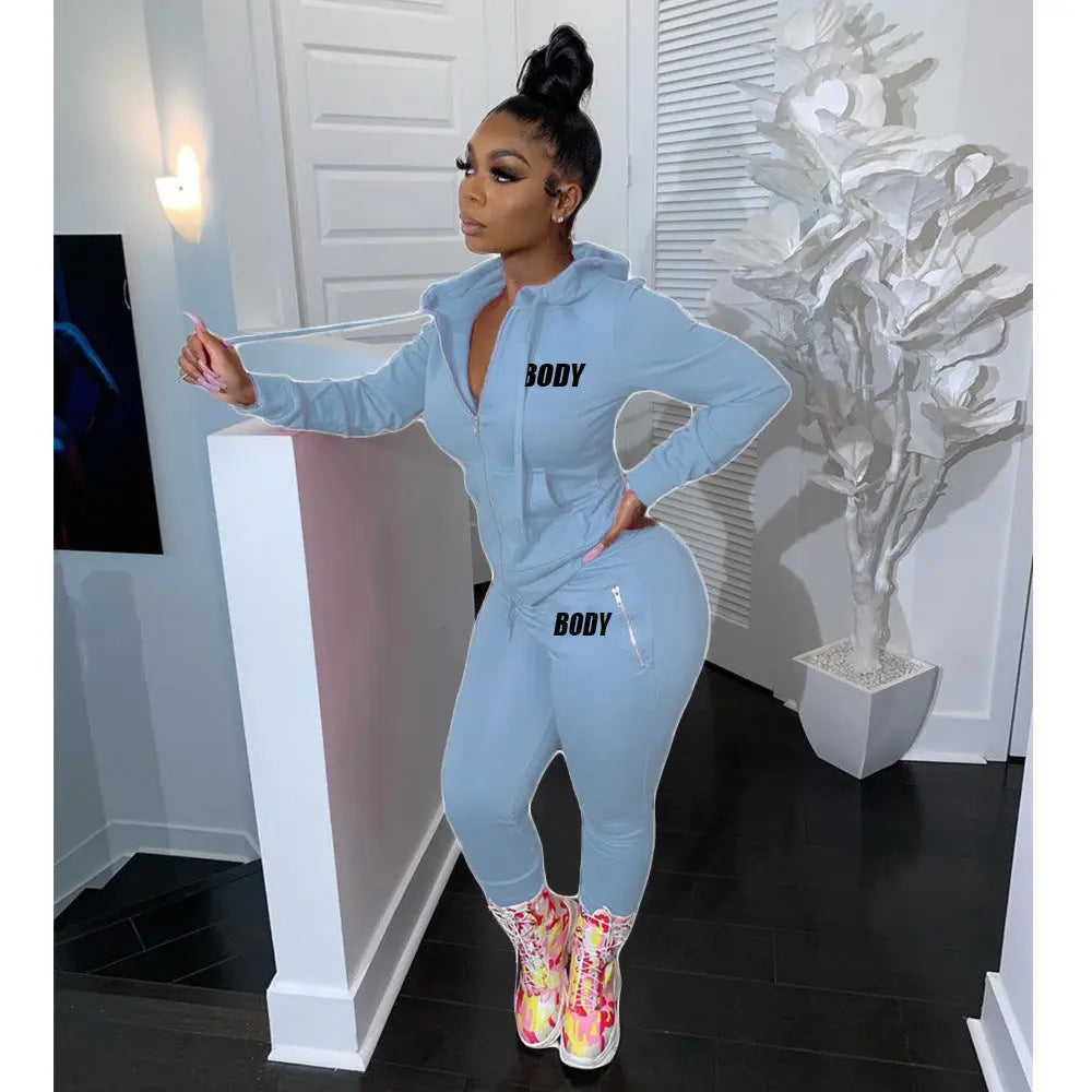 Women's Spring Winter 2 Piece Set Zipper Fly Hoodie And Pants Outfit High Stretch Polyester Spandex Body Letter Tracksuit Sweatsuit NNOS