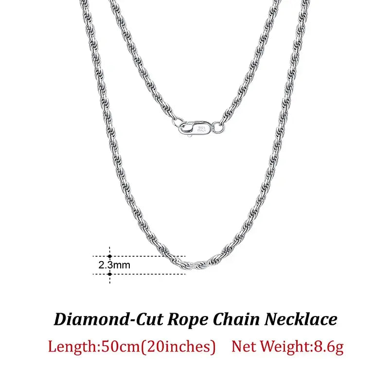 Rinntin 925 Sterling Silver 2.3mm Diamond-Cut Rope Chain Necklace For Women Men Fashion Silver Luxury Necklace Jewelry Gift SC29 NNOS