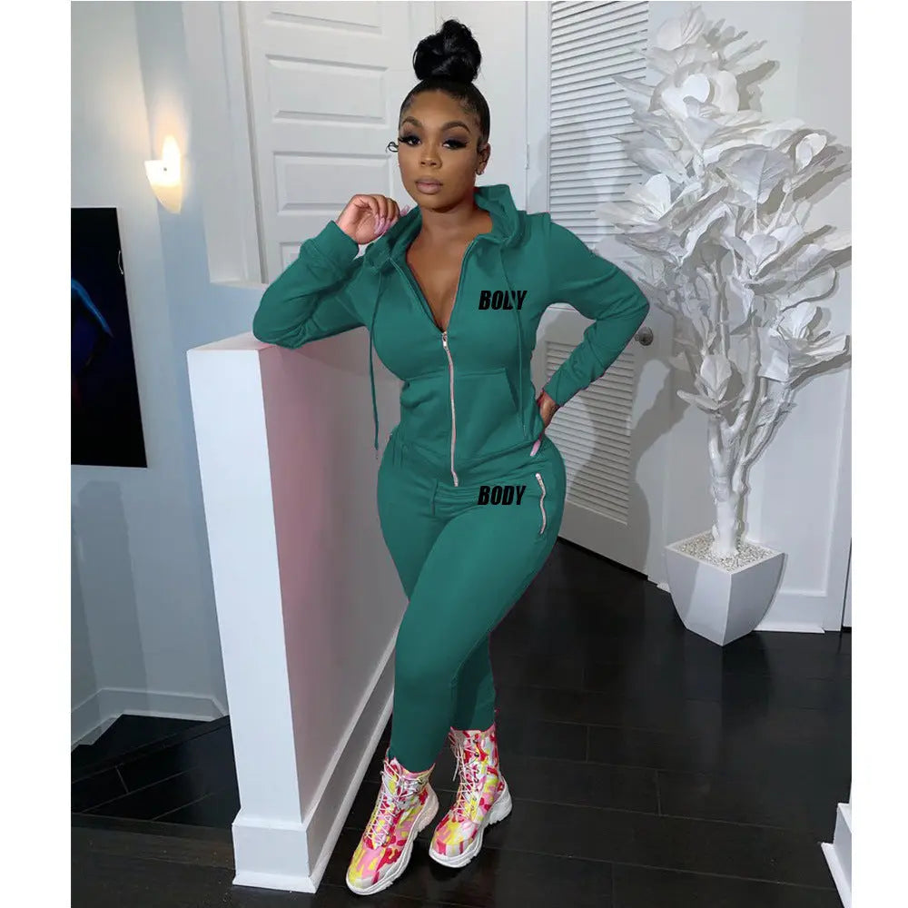 Women's Spring Winter 2 Piece Set Zipper Fly Hoodie And Pants Outfit High Stretch Polyester Spandex Body Letter Tracksuit Sweatsuit NNOS