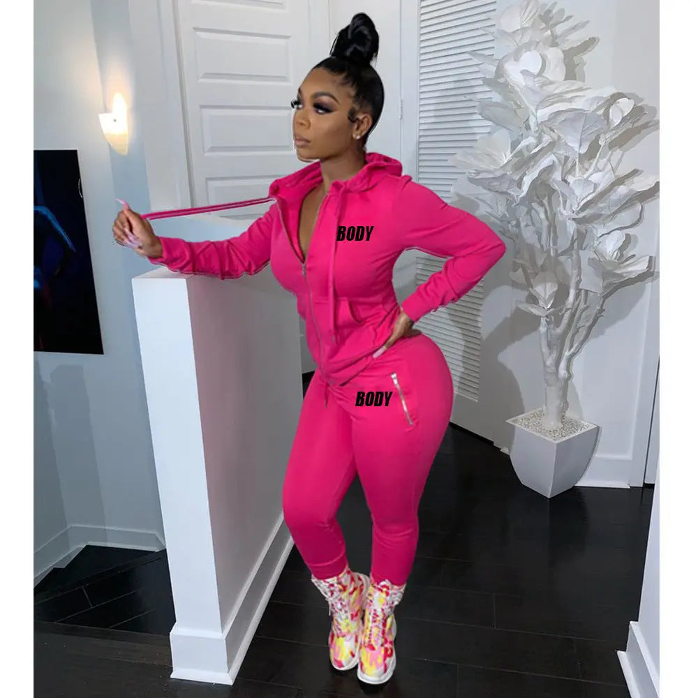 Women's Spring Winter 2 Piece Set Zipper Fly Hoodie And Pants Outfit High Stretch Polyester Spandex Body Letter Tracksuit Sweatsuit NNOS
