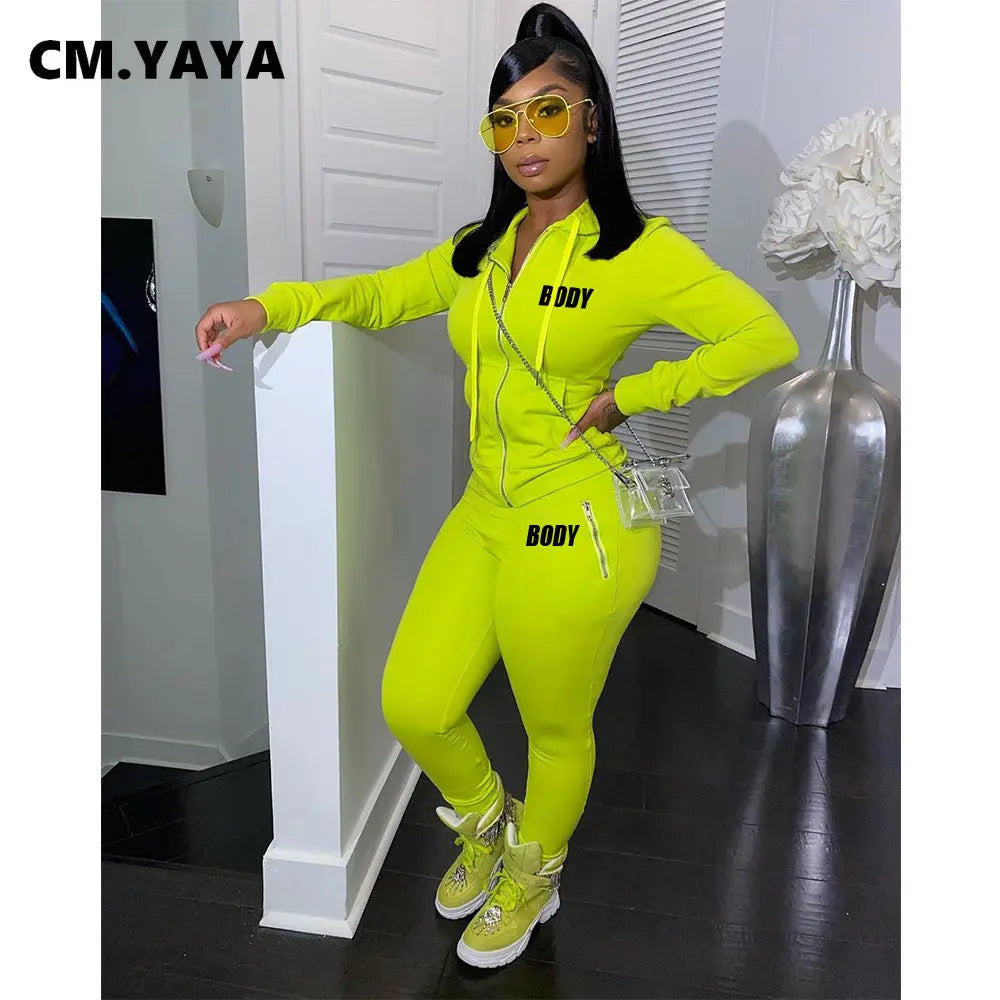 Women's Spring Winter 2 Piece Set Zipper Fly Hoodie And Pants Outfit High Stretch Polyester Spandex Body Letter Tracksuit Sweatsuit NNOS