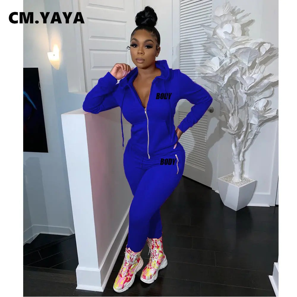 Women's Spring Winter 2 Piece Set Zipper Fly Hoodie And Pants Outfit High Stretch Polyester Spandex Body Letter Tracksuit Sweatsuit NNOS