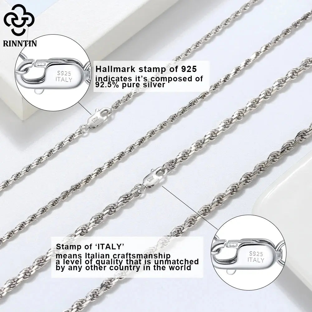 Rinntin 925 Sterling Silver 2.3mm Diamond-Cut Rope Chain Necklace For Women Men Fashion Silver Luxury Necklace Jewelry Gift SC29 NNOS