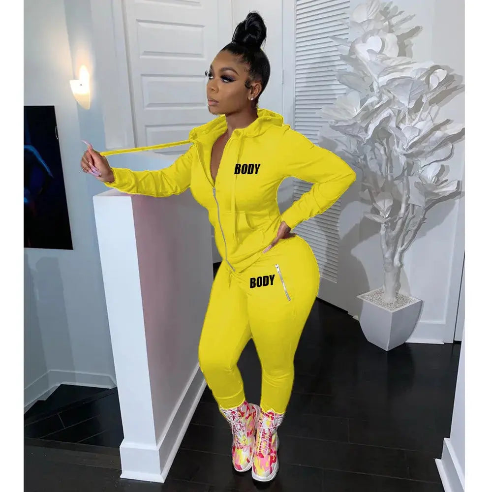 Women's Spring Winter 2 Piece Set Zipper Fly Hoodie And Pants Outfit High Stretch Polyester Spandex Body Letter Tracksuit Sweatsuit NNOS