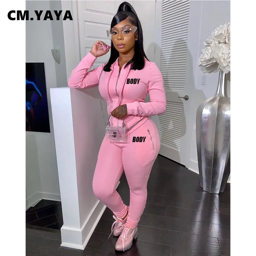 Women's Spring Winter 2 Piece Set Zipper Fly Hoodie And Pants Outfit High Stretch Polyester Spandex Body Letter Tracksuit Sweatsuit NNOS