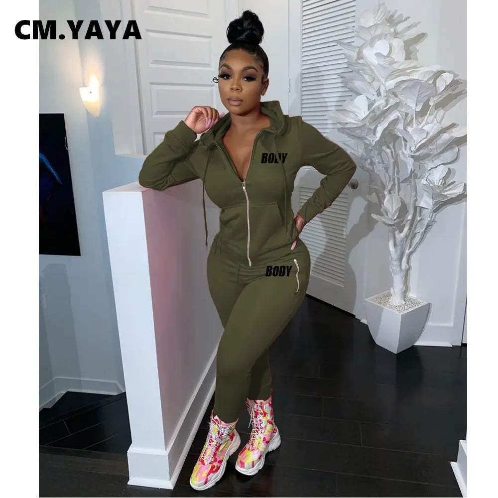 Women's Spring Winter 2 Piece Set Zipper Fly Hoodie And Pants Outfit High Stretch Polyester Spandex Body Letter Tracksuit Sweatsuit NNOS
