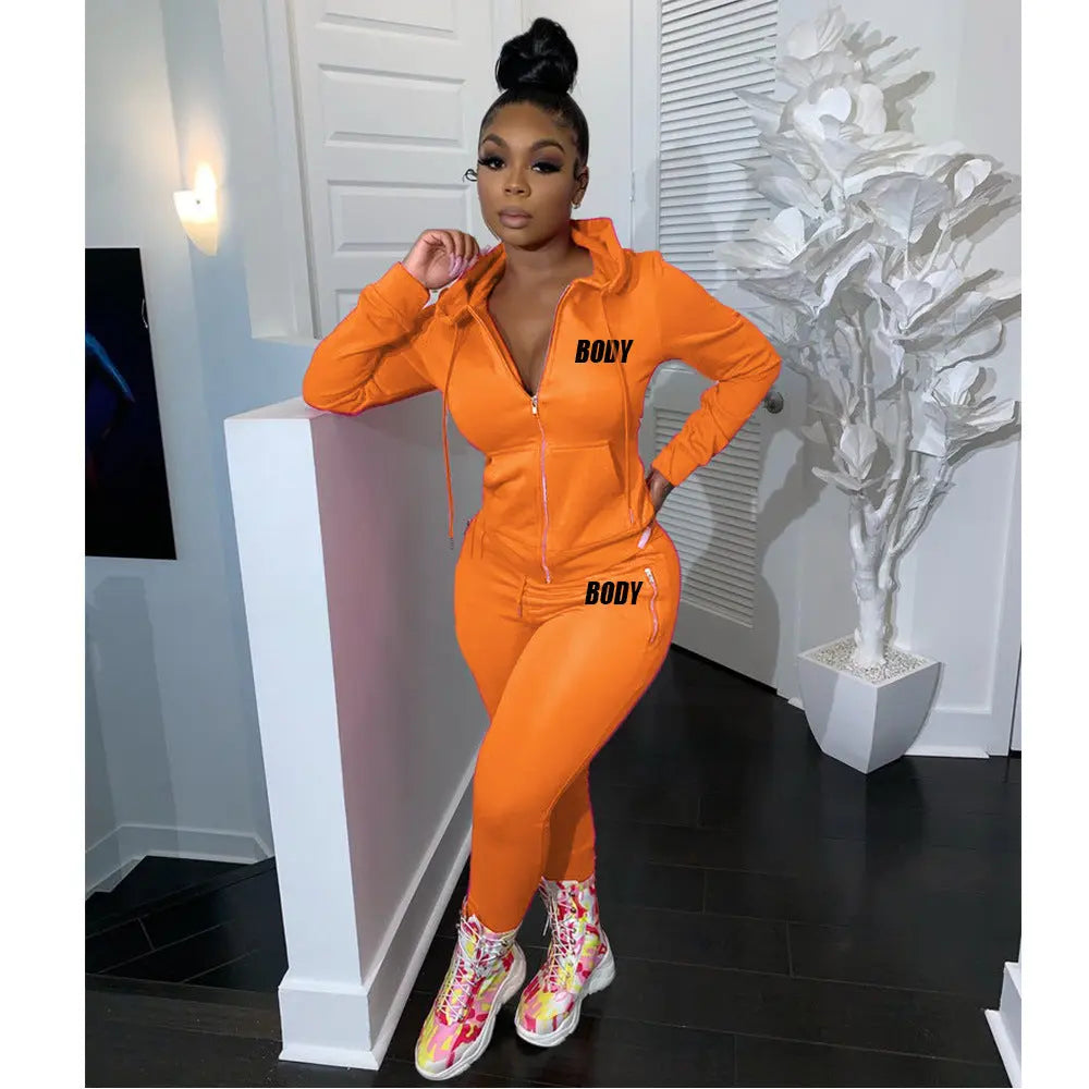 Women's Spring Winter 2 Piece Set Zipper Fly Hoodie And Pants Outfit High Stretch Polyester Spandex Body Letter Tracksuit Sweatsuit NNOS