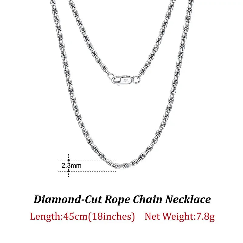 Rinntin 925 Sterling Silver 2.3mm Diamond-Cut Rope Chain Necklace For Women Men Fashion Silver Luxury Necklace Jewelry Gift SC29 NNOS