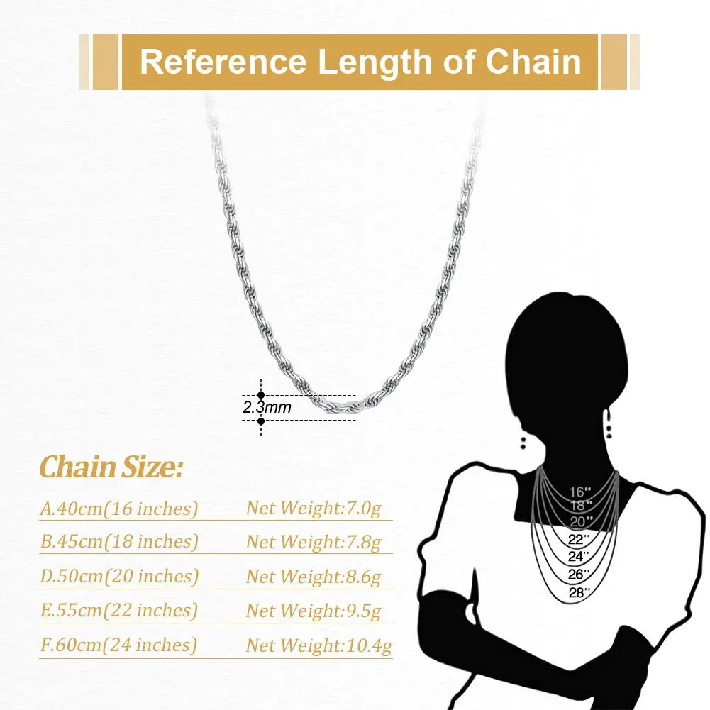 Rinntin 925 Sterling Silver 2.3mm Diamond-Cut Rope Chain Necklace For Women Men Fashion Silver Luxury Necklace Jewelry Gift SC29 NNOS