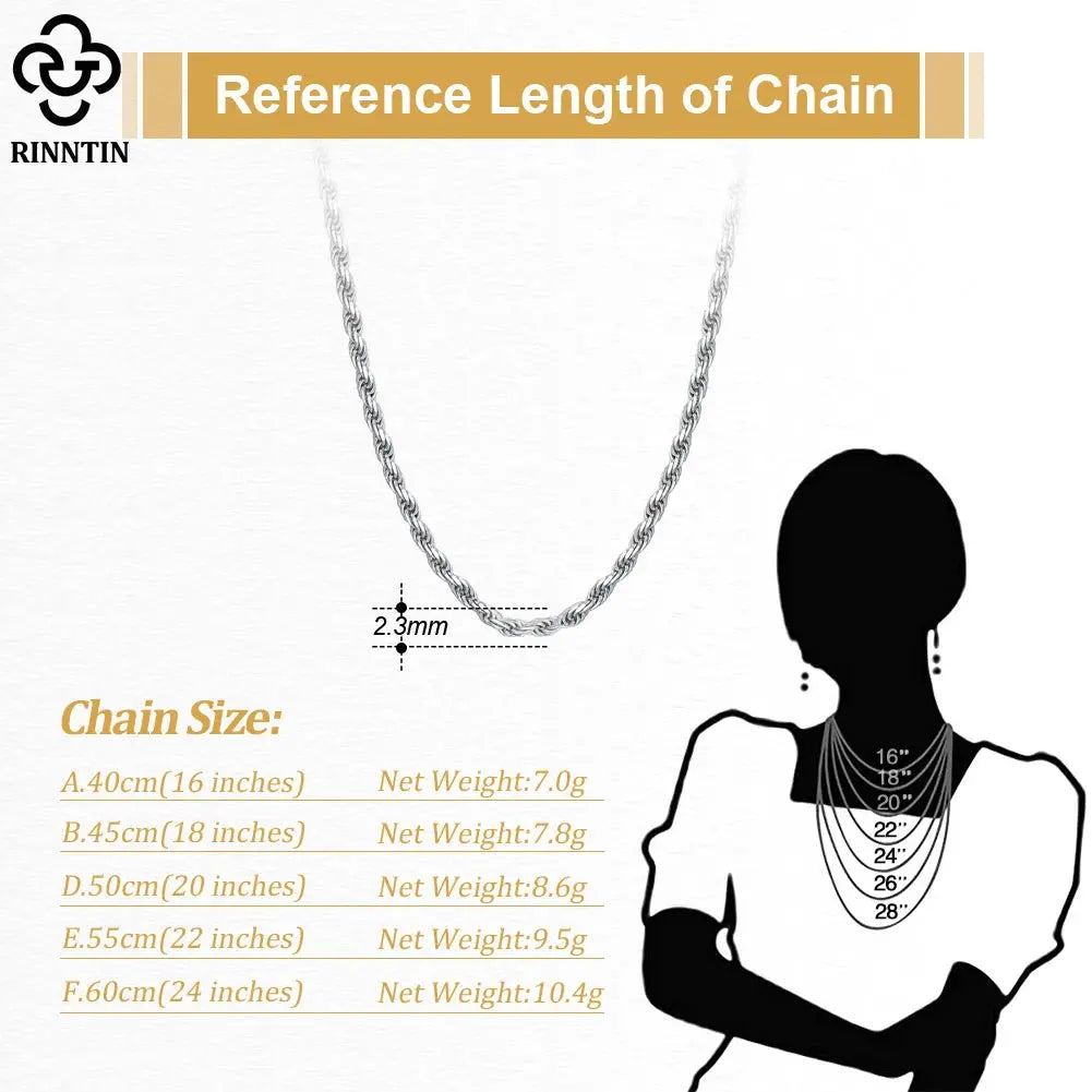 Rinntin 925 Sterling Silver 2.3mm Diamond-Cut Rope Chain Necklace For Women Men Fashion Silver Luxury Necklace Jewelry Gift SC29 NNOS