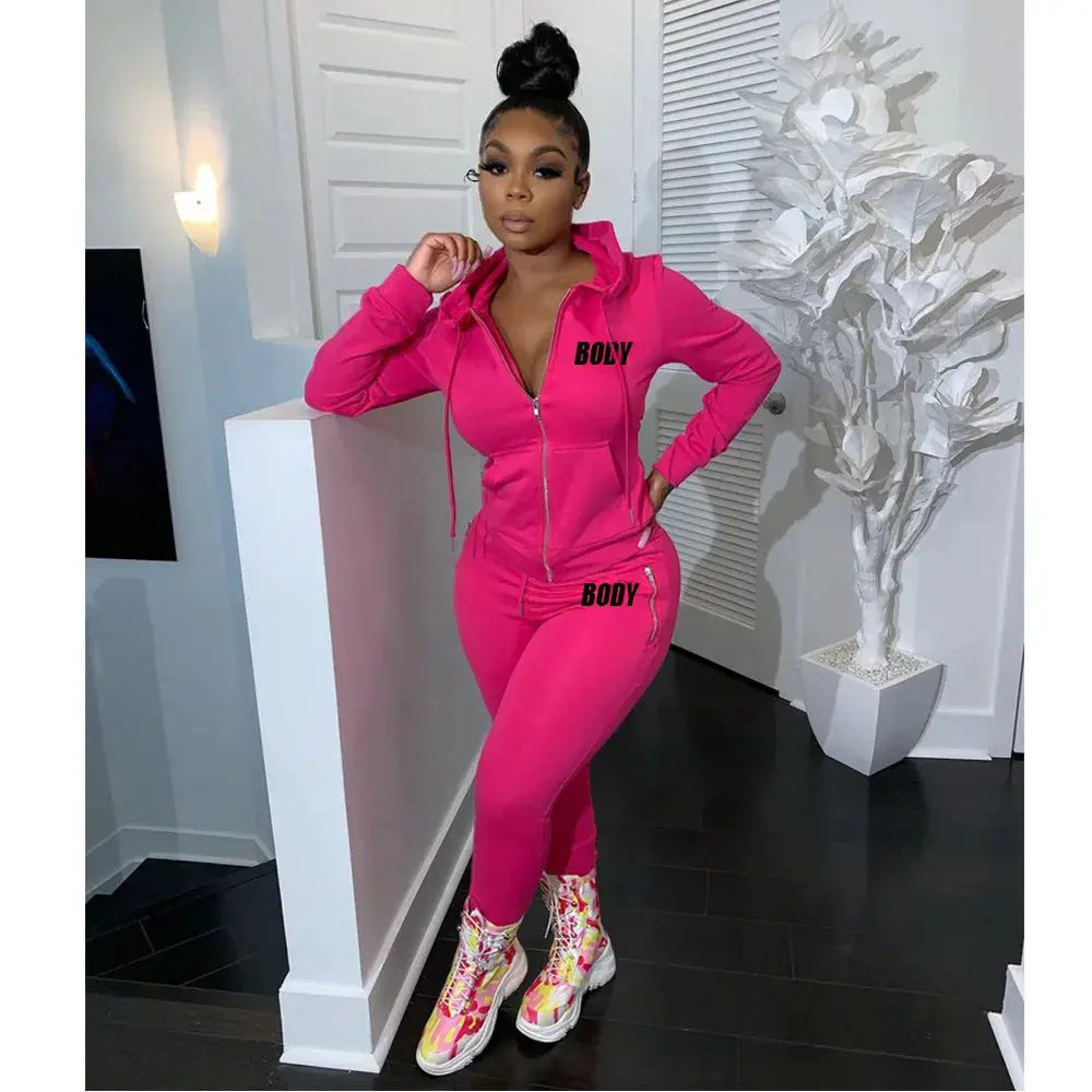 Women's Spring Winter 2 Piece Set Zipper Fly Hoodie And Pants Outfit High Stretch Polyester Spandex Body Letter Tracksuit Sweatsuit NNOS