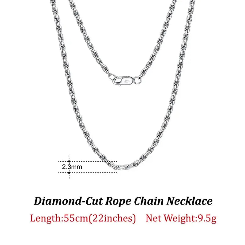 Rinntin 925 Sterling Silver 2.3mm Diamond-Cut Rope Chain Necklace For Women Men Fashion Silver Luxury Necklace Jewelry Gift SC29 NNOS