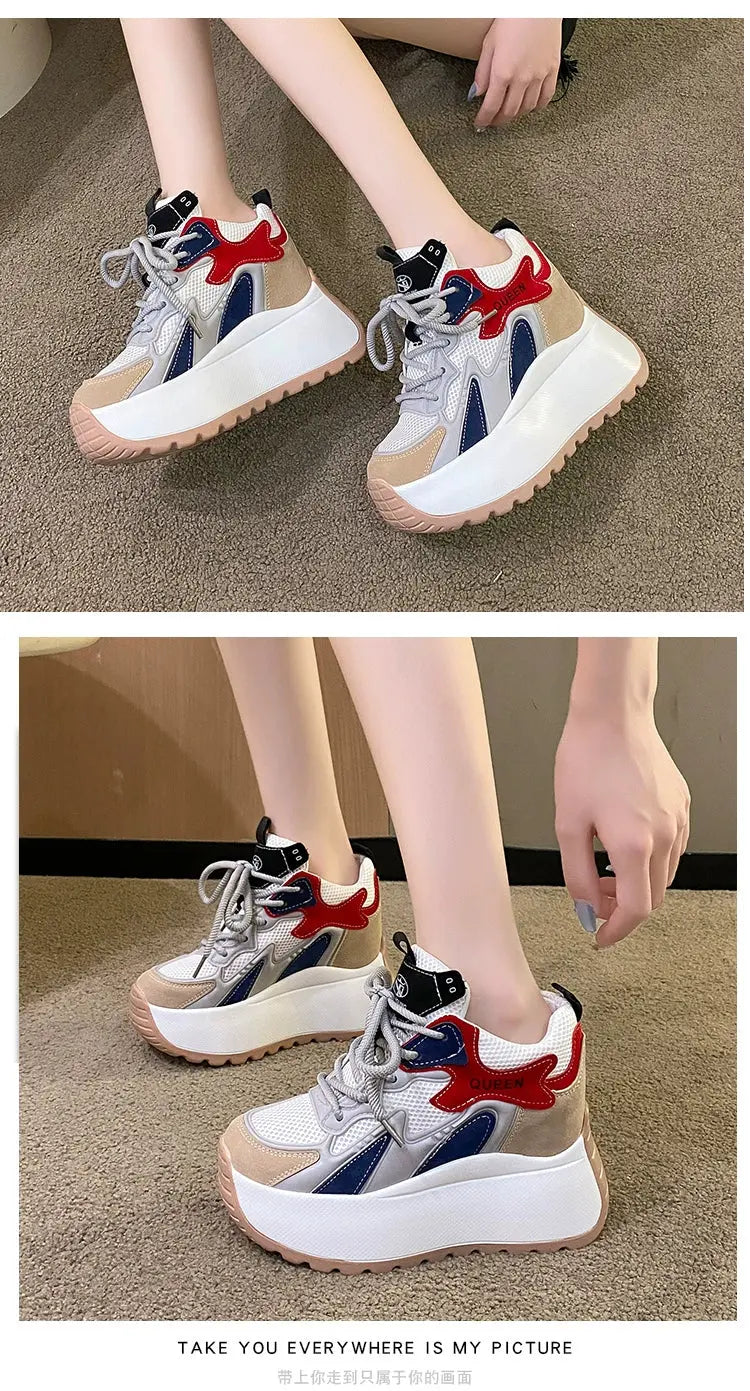 10CM Genuine Leather Platform Wedge Fashion Women Spring Summer Comfy Breathable Autumn Chunky Sneakers Vulcanize Shoes NNOS
