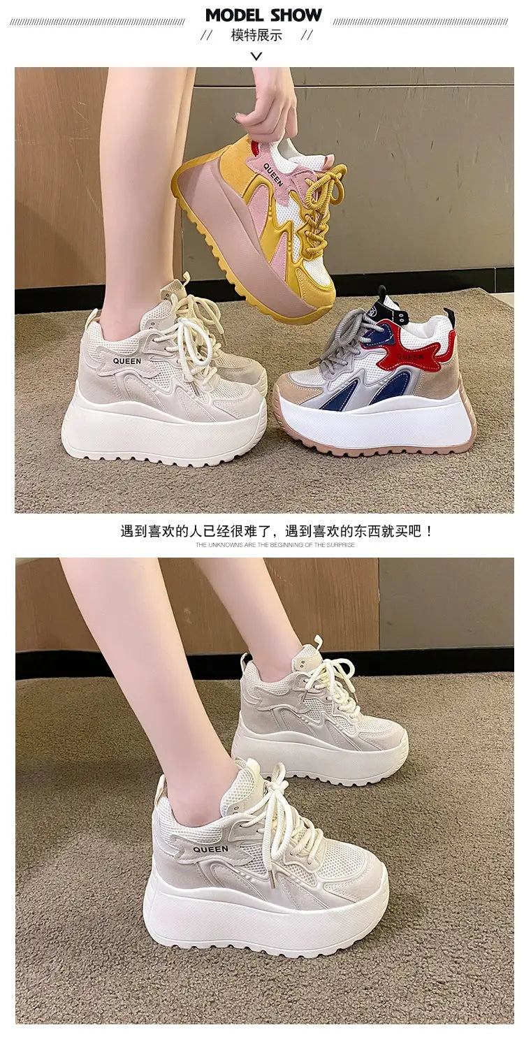 10CM Genuine Leather Platform Wedge Fashion Women Spring Summer Comfy Breathable Autumn Chunky Sneakers Vulcanize Shoes NNOS