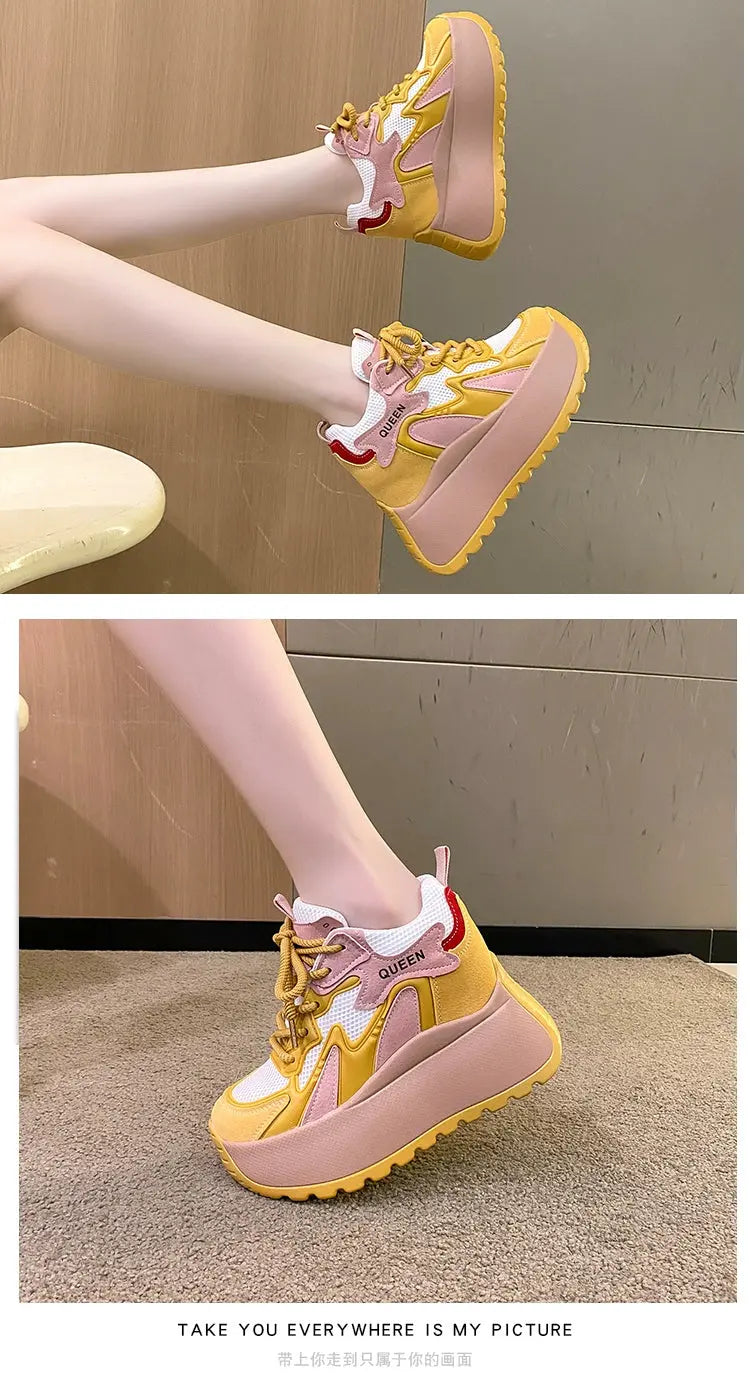 10CM Genuine Leather Platform Wedge Fashion Women Spring Summer Comfy Breathable Autumn Chunky Sneakers Vulcanize Shoes NNOS