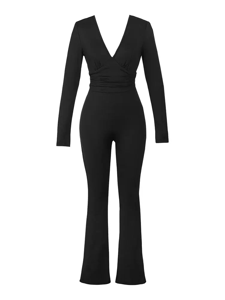 Black Pleated Big Flare Jumpsuit V Neck Long Sleeve Slim Fit Backless Pants for Women Sexy Casual Full-Length Polyester Trousers NNOS
