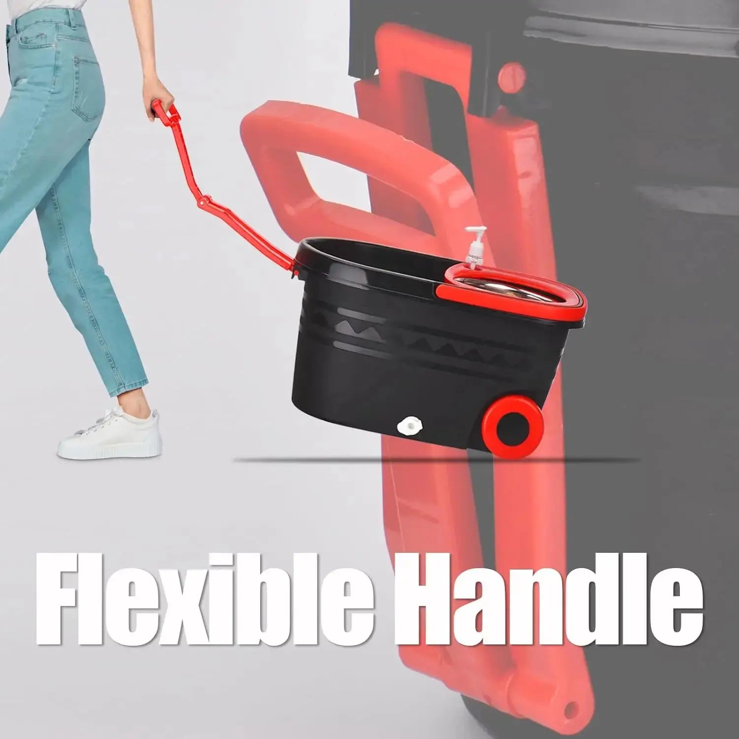 Black Spin Mop Bucket Sets Wrings System, Bucket with Wheels Extendable and Adjustable Handle, 3 Replacement Mop Refills NNOS
