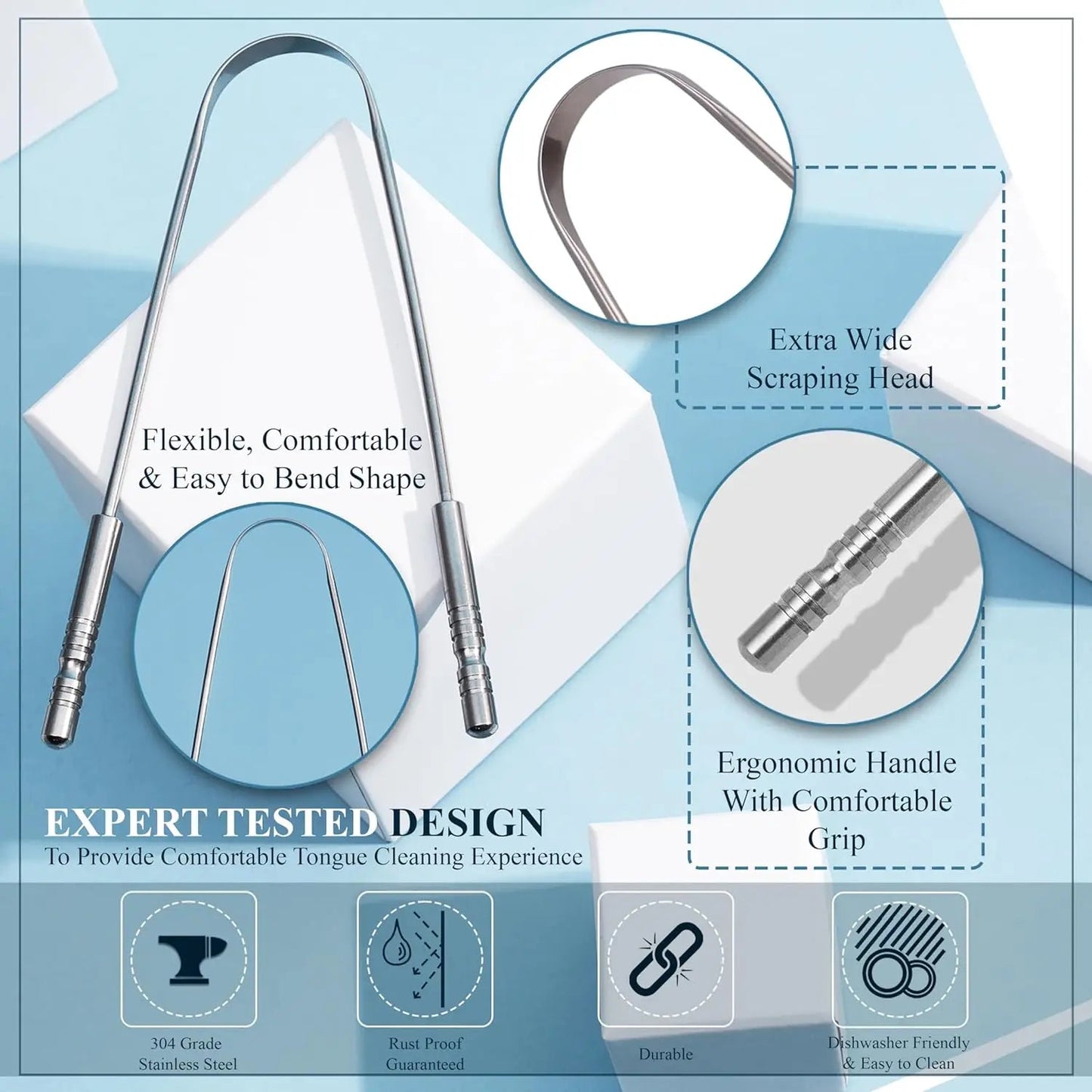 Tongue Scraper for Adult Kids, 2 Pack Stainless Steel Tongue Scraper for Oral Care, Reduce Bad Breath, with Metal Storage Box NNOS