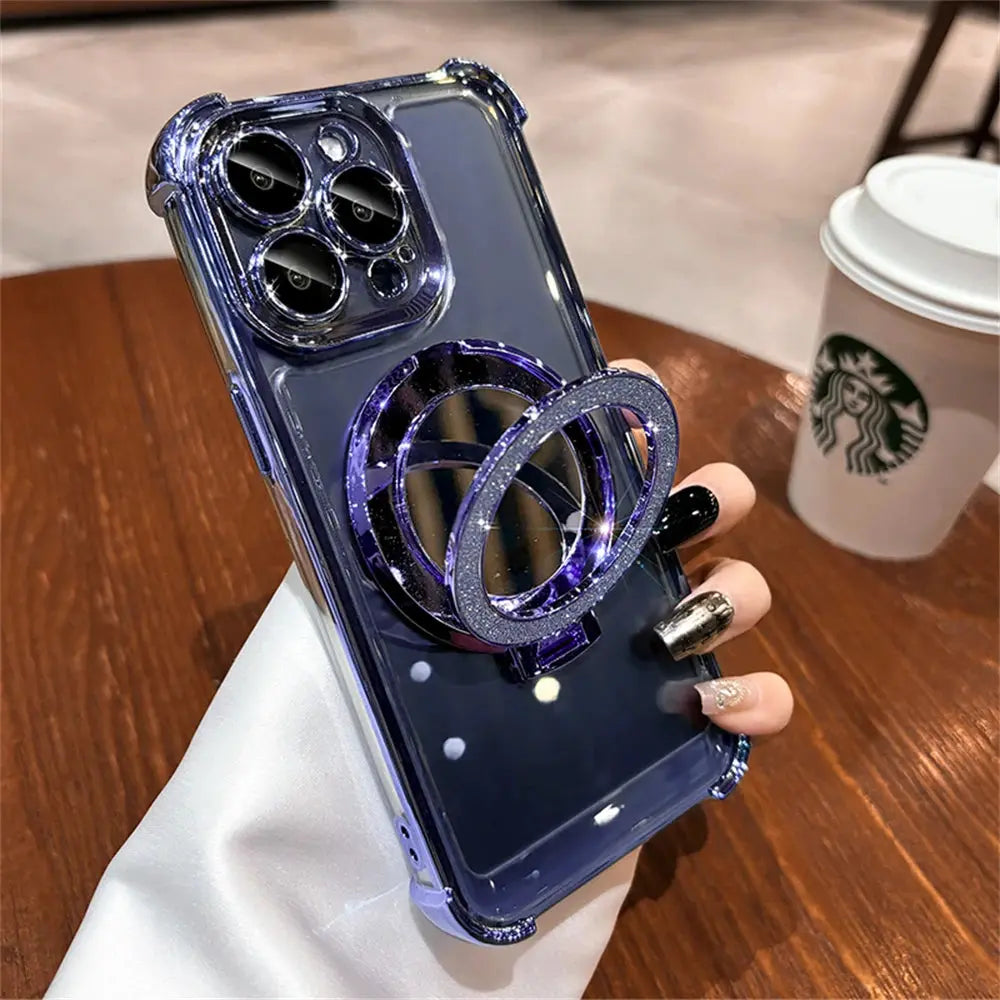 Luxury Glitter Makeup Mirror Case with MagSafe – Magnetic Stand & Plating Holder for iPhone 16/15/14/13/12/11 Pro Max & More NNOS