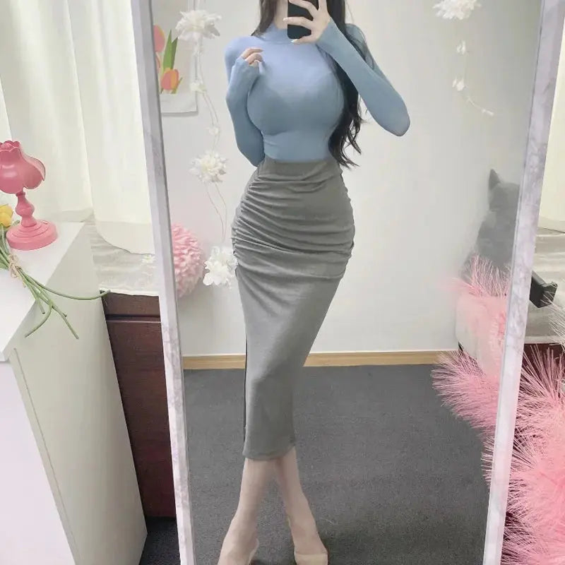Korean Fashion Slim Fit Fishtail Skirt – Sexy Pleated Split Autumn Outfit NNOS