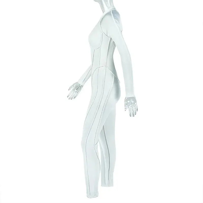 Women's Casual Sporty Zip Low-Neck Backless Jumpsuit Full Sleeve Skinny Peach High Street Style Solid Overalls Middle Age Size NNOS