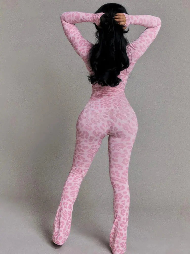 Women's Sexy Fashion Leopard Print Jumpsuit with Zip Cardigan Design Full Sleeve Slim Fit High Waist Ankle-Length Overalls NNOS